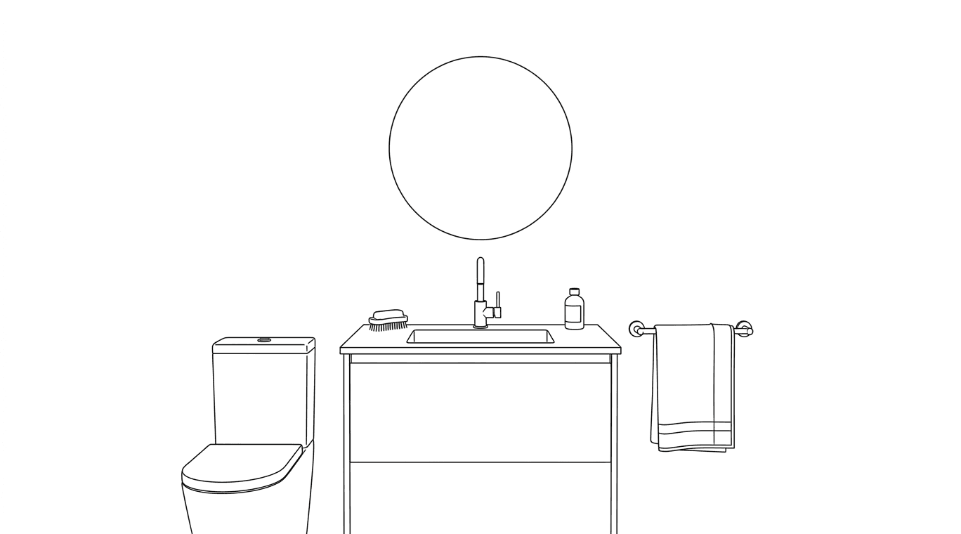 Bathroom vanity with round mirror, toilet and folded towel
