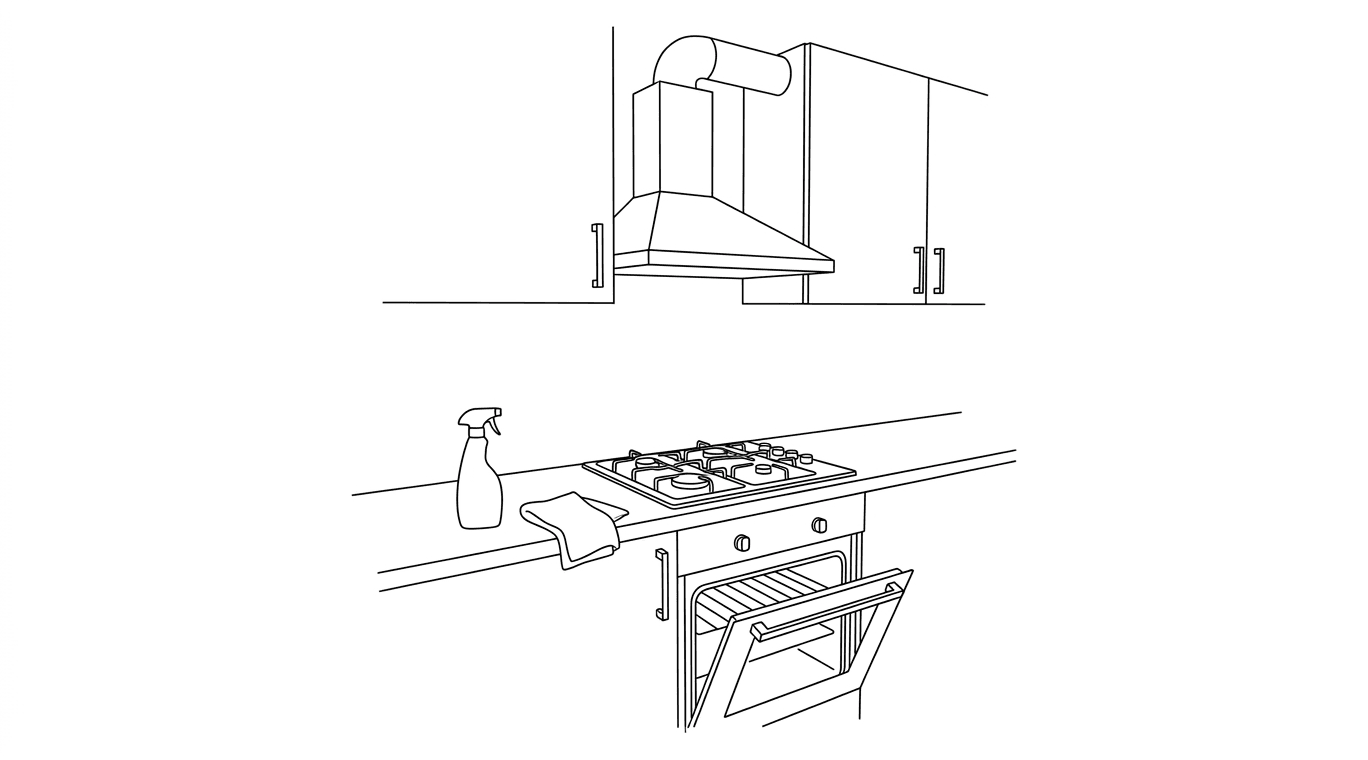 Range hood, stove and open oven door with a spray bottle on the counter