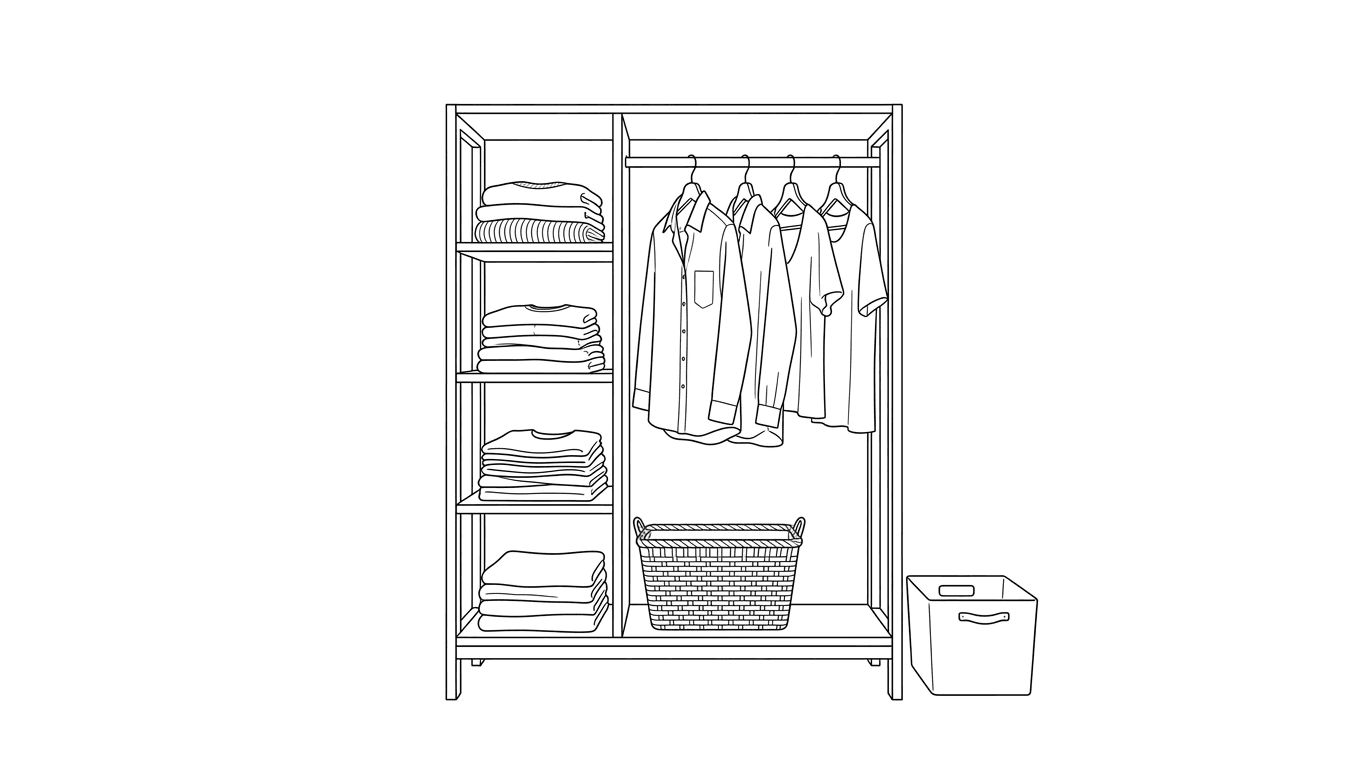 Tidy wardrobe with folded clothes and a laundry basket