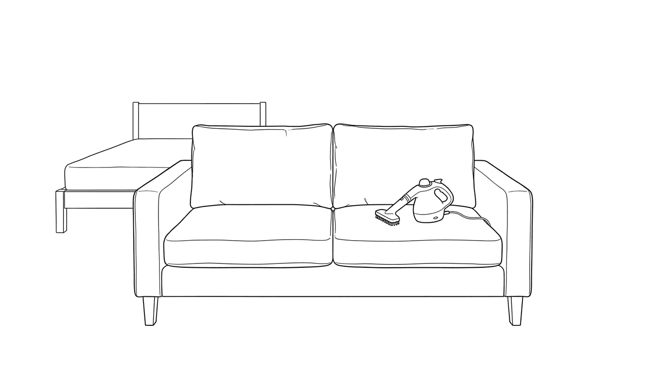 Fabric sofa with a handheld steam cleaner and a bare mattress behind