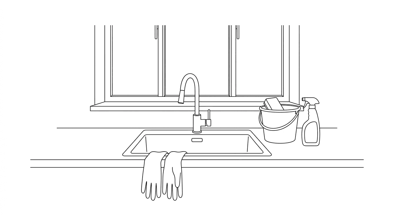 Kitchen sink with gloves, bucket and spray bottle for a deep clean