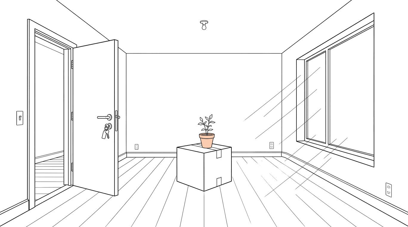 Freshly cleaned apartment on move-in day with one box and a plant