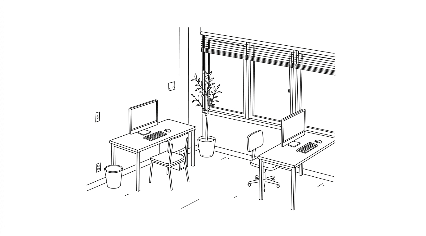 Small office with two desks, monitors and a tall plant