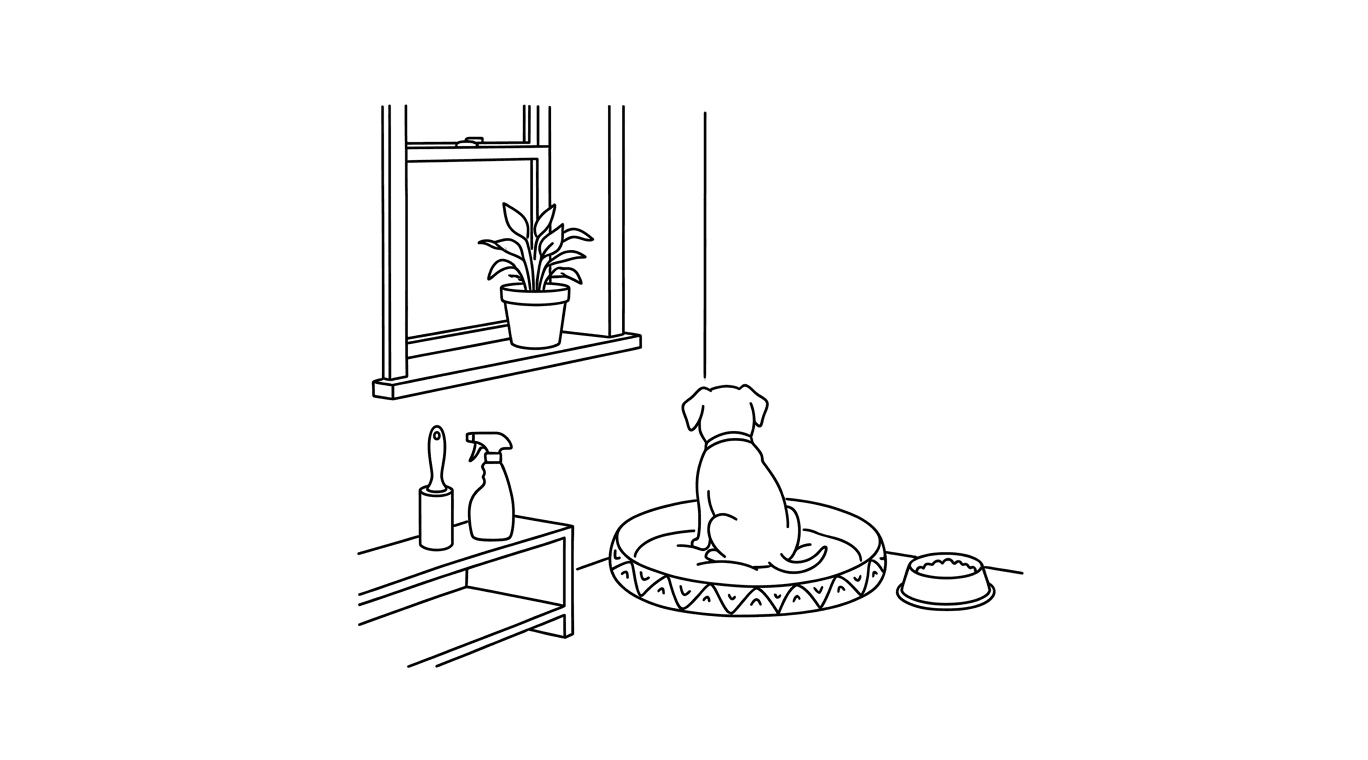 Small dog on a round pet bed beside a window plant and a lint roller