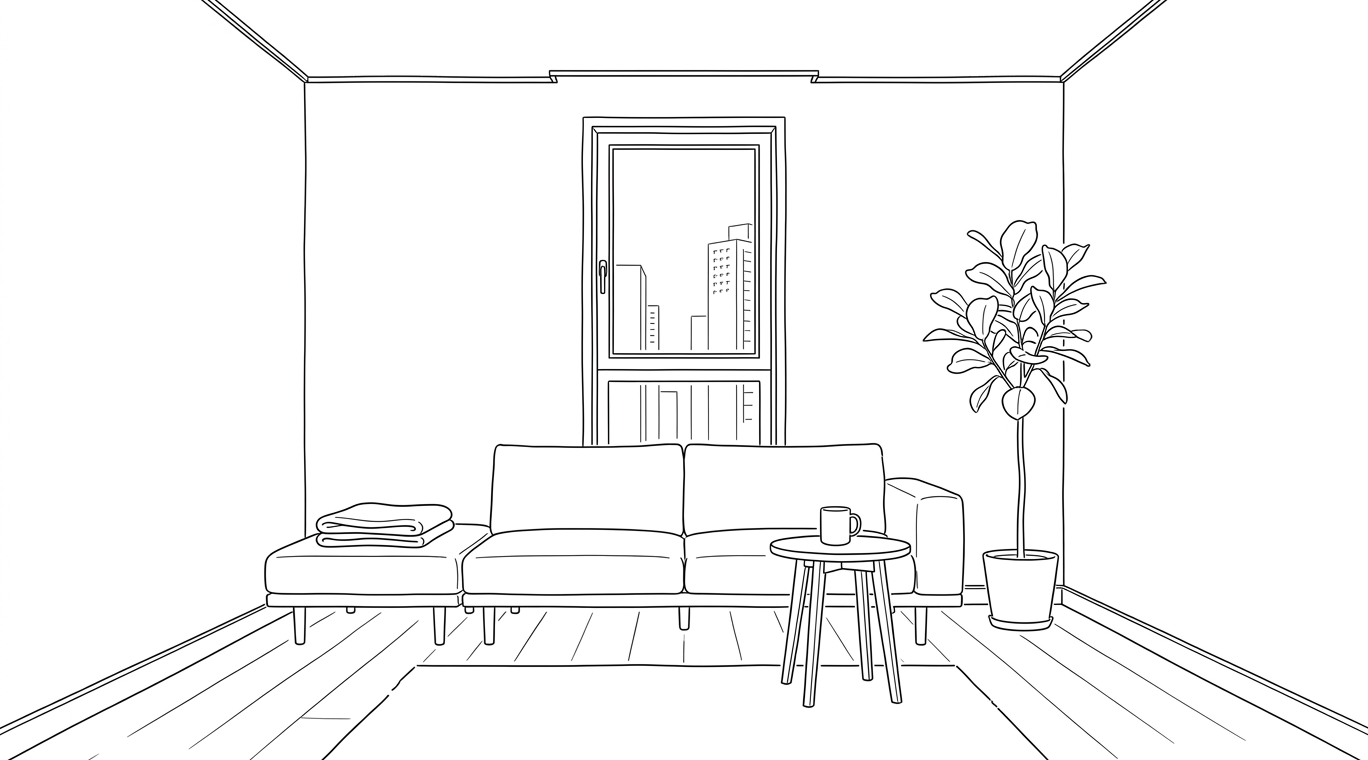 Calm living room with sofa, side table and window plant